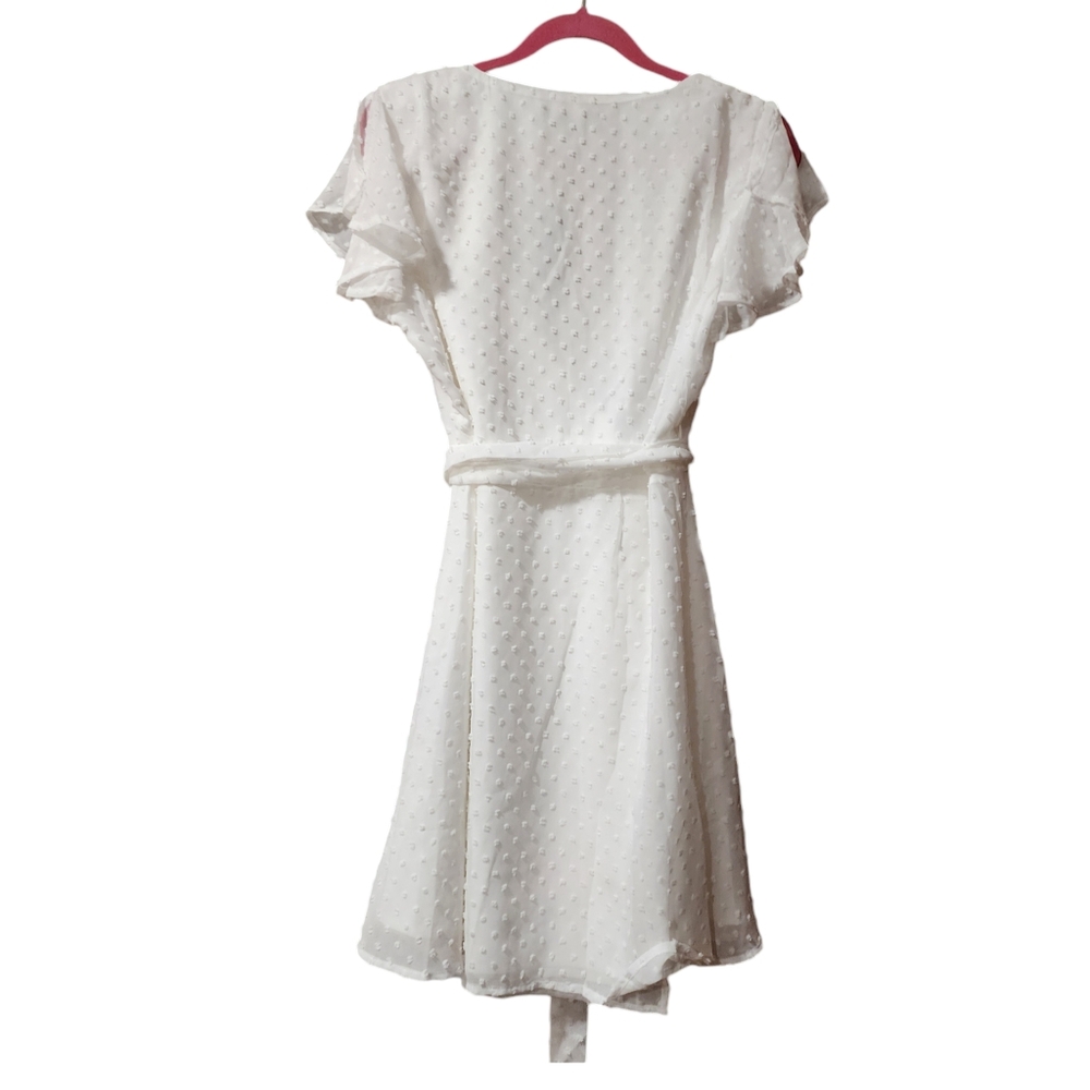 Lulus large Much to celebrate white swiss dot flutter sleeve wrap mini dress Nwt - Picture 3 of 5